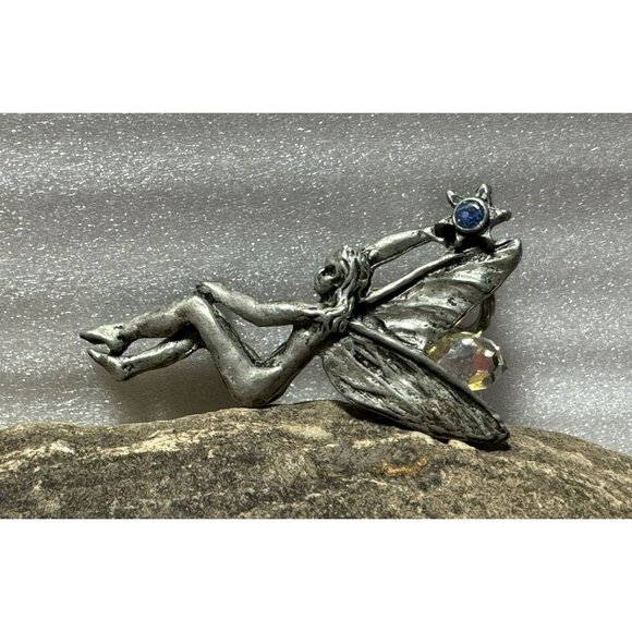 Vintage Pewter Mythical Fairy Pendant Holding Star w Blue Crystal AB Wings - Picture 4 of 5